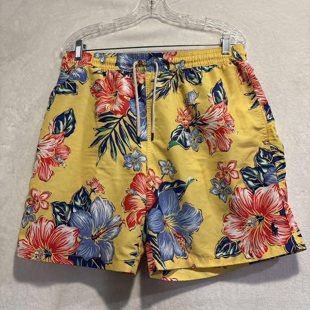 Polo Ralph Lauren Long Swim Trunks Men's Large Yellow Hibiscus Floral Traveler